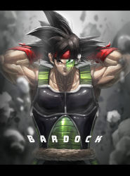 Rule 34 | 1boy, absurdres, adjusting clothes, adjusting headwear, armor, arms up, backlighting, bandana, bardock, black eyes, black hair, blurry, blurry background, character name, collarbone, commentary request, dragon ball, dragonball z, expressionless, floating rock, frown, glowing, grey background, haru8699, highres, letterboxed, looking at viewer, male focus, monkey tail, muscular, pectorals, red bandana, scouter, serious, simple background, solo, spiked hair, standing, tail, upper body, wristband