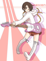 Rule 34 | 1girl, boots, brown eyes, brown hair, cross-laced footwear, electric guitar, guitar, instrument, lace-up boots, looking at viewer, open mouth, original, plaid, plaid skirt, short hair, simple background, skirt, solo, thigh boots, thighhighs, white footwear, yuu (uminashiken)