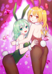 Rule 34 | 2girls, absurdres, animal ears, ass, back, bare arms, bare shoulders, blonde hair, breasts, brown legwear, detached collar, diamond (gemstone), flandre scarlet, gem, green eyes, green hair, highres, komeiji koishi, leaning forward, leotard, looking at viewer, multiple girls, open mouth, pantyhose, pink background, playboy bunny, rabbit ears, red eyes, rnkgmn, side ponytail, small breasts, smile, standing, touhou, wrist cuffs