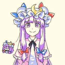 Rule 34 | 1girl, black ribbon, blue bow, blunt bangs, blush stickers, bow, capelet, chibi, chibi inset, commentary, crescent, crescent hat ornament, english commentary, hat, hat ornament, jacket, long hair, looking at viewer, mob cap, numenoko, patchouli knowledge, purple capelet, purple eyes, purple hair, purple jacket, red bow, ribbon, shirt, smile, solo, touhou, upper body, white background, white shirt