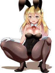 Rule 34 | + +, 1girl, animal ears, black footwear, black leotard, black pantyhose, blonde hair, bow, bowtie, breasts, cleavage, commentary request, cro, detached collar, fake animal ears, fang, full body, high heels, highres, large breasts, leotard, long hair, open mouth, pantyhose, playboy bunny, rabbit ears, rabbit girl, red bow, red bowtie, shokuhou misaki, simple background, skin fang, solo, squatting, strapless, strapless leotard, symbol-shaped pupils, toaru kagaku no railgun, toaru majutsu no index, white background, wrist cuffs, yellow eyes