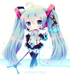 Rule 34 | 1girl, absurdly long hair, ahoge, aqua hair, aqua necktie, bad id, bad pixiv id, blue eyes, blush, cable, character name, chibi, collared shirt, crop top, crossed legs, detached sleeves, expressionless, full body, garter straps, haru431, hatsune miku, headset, long hair, looking at viewer, microphone stand, miniskirt, necktie, shirt, skirt, solo, standing, suspenders, thighhighs, tie clip, very long hair, vocaloid