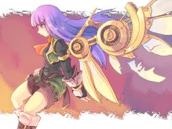 Rule 34 | 1girl, boots, cave (developer), citolo, coat, collar, espgaluda, long hair, profile, purple eyes, purple hair, serious, seseri, seseri (espgaluda), shorts, solo, wings