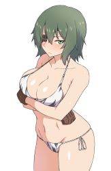 Rule 34 | 1girl, absurdres, bare arms, bare shoulders, bikini, blush, breast hold, breasts, brown gloves, cleavage, closed mouth, collarbone, cowboy shot, crossed arms, eyepatch, gloves, green eyes, green hair, groin, hair between eyes, highres, kantai collection, kiso (kancolle), large breasts, looking at viewer, navel, no headwear, one eye covered, print bikini, ribbon, shiny skin, shoes, short hair, side-tie bikini bottom, simple background, solo, standing, stomach, swimsuit, takaman (gaffe), thighs, tsurime, v-shaped eyebrows, white background, white bikini, white ribbon