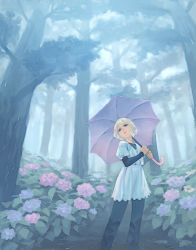 Rule 34 | 1girl, blonde hair, blue eyes, female focus, flower, forest, hydrangea, lowres, nature, original, outdoors, plant, solo, tree, umbrella, weno, weno&#039;s blonde original character