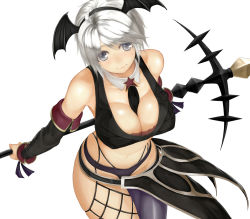 Rule 34 | 1girl, arms behind back, bare shoulders, between breasts, breasts, cleavage, fantasy earth zero, grey eyes, head wings, large breasts, navel, necktie, scythe, short hair, simple background, solo, toshi makoto, white hair, wings