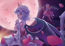 Rule 34 | 2girls, ascot, backless outfit, bat (animal), bat wings, bell, bell tower, black wings, blonde hair, closed mouth, crystal, flandre scarlet, floating, full moon, hat, hat ribbon, highres, long hair, mob cap, moon, multiple girls, night, night sky, outdoors, petals, pointy ears, red eyes, red footwear, red ribbon, red skirt, remilia scarlet, ribbon, rose petals, shirt, shoes, siblings, silver hair, sisters, skirt, skirt set, sky, smile, socks, sonikey0 0, touhou, white hat, white legwear, white shirt, white skirt, wind, wings, wrist cuffs, yellow ascot