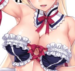 Rule 34 | 1girl, :d, arm up, armpits, blonde hair, blush, breast focus, breasts, cleavage, commentary request, covered collarbone, cross-laced clothes, detached collar, facing viewer, frills, head out of frame, large breasts, lips, long hair, matsuryuu, mayuri mariani, midriff, open mouth, original, simple background, smile, solo, upper body, white background, white frills