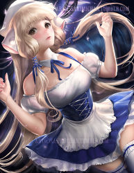 Rule 34 | 00s, 1girl, android, arms up, bare shoulders, blonde hair, chii, chobits, detached collar, detached sleeves, dress, gradient background, hair tubes, long hair, puffy detached sleeves, puffy sleeves, ribbon, robot ears, sakimichan, short dress, solo, thighhighs, underbust, very long hair