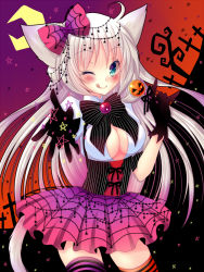 Rule 34 | 1girl, ;p, animal ears, blue eyes, breasts, cat ears, cat tail, cleavage, gloves, halloween, long hair, meiya neon, one eye closed, original, solo, tail, thighhighs, tongue, tongue out, white hair