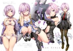 Rule 34 | 1girl, absurdres, anmi, arm at side, arm behind back, armor, arms up, bare shoulders, bikini, black pantyhose, boots, breasts, bright pupils, brown thighhighs, character name, cleavage, closed mouth, clothing cutout, collarbone, covered erect nipples, detached collar, dress, fate/grand order, fate (series), faulds, flower, fou (fate), glasses, gluteal fold, hair over one eye, tucking hair, hand on own chest, high heel boots, high heels, highres, hood, hooded jacket, hoodie, huge filesize, jacket, leotard, looking at viewer, mash kyrielight, mash kyrielight (senpai killer outfit), medium breasts, navel cutout, necktie, off shoulder, official alternate costume, open clothes, open hoodie, open jacket, pantyhose, petals, plaid, plaid dress, purple eyes, purple hair, scan, shield, sitting, sleeves past wrists, smile, solo focus, standing, swimsuit, thigh boots, thigh gap, thigh strap, thighhighs, white bikini