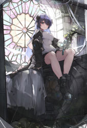 Rule 34 | absurdres, ankle boots, arknights, backlighting, bad id, bad pixiv id, bare legs, black coat, black footwear, black shorts, blue eyes, blue hair, boots, breasts, clock, closed mouth, coat, covered navel, full body, gloves, halo, highres, horns, indoors, large breasts, long hair, looking at viewer, mostima (arknights), off shoulder, open clothes, open coat, oreshki, ruins, shirt, short shorts, shorts, sitting, smile, stained glass, very long hair, white gloves, white shirt, window