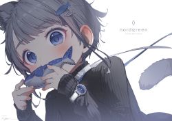 Rule 34 | 1girl, animal ears, bad id, bad twitter id, black sweater, blue eyes, blush, cat ears, cat tail, fish hair ornament, grey hair, hair ornament, hairclip, hands up, long sleeves, looking at viewer, mouth hold, nordgreen, original, ryota (ry o ta), short hair, signature, simple background, solo, stuffed animal, stuffed fish, stuffed toy, sweater, swept bangs, tail, thick eyebrows, upper body, watch, white background, wristwatch