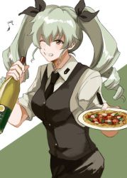 Rule 34 | 1girl, alpachiiino, alternate costume, anchovy (girls und panzer), bad id, bad twitter id, black necktie, black pants, black ribbon, black vest, bottle, closed mouth, commentary, dress shirt, drill hair, eighth note, food, girls und panzer, green hair, grin, hair ribbon, holding, holding bottle, long hair, looking at viewer, musical note, necktie, pants, plate, red eyes, ribbon, shirt, short sleeves, sleeves rolled up, smile, solo, standing, twin drills, twintails, upper body, vest, waiter, white shirt, wine bottle, wing collar
