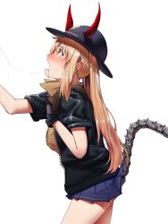Rule 34 | 1girl, arm up, black jacket, blue skirt, blush, bomber jacket, breasts, cum, cum string, demon horns, fangs, fingerless gloves, from side, fur trim, girls&#039; frontline, gloves, hair between eyes, hat, highres, horns, jacket, long hair, looking up, m870 (girls&#039; frontline), mechanical tail, miniskirt, open clothes, open jacket, open mouth, orange eyes, orange shirt, out of frame, pleated skirt, sd bigpie, shirt, sidelocks, simple background, skirt, solo, sweat, tail, thighs, twintails, white background, zipper