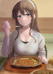 Rule 34 | 1girl, alternate costume, ashigara (kancolle), breasts, brown eyes, brown hair, cleavage, closed mouth, commentary request, cup, drinking glass, food, hairband, highres, holding, holding spoon, indoors, kantai collection, large breasts, long hair, long sleeves, looking at viewer, meal, misumi (niku-kyu), ribbed sweater, saizeriya, smile, solo, spoon, sweater, twitter username, wavy hair