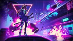 Rule 34 | 1girl, absurdres, animal ears, black hair, black jacket, black shirt, boots, building, car, closed mouth, commentary, crop top, cyberpunk, explosion, expressionless, hair between eyes, hand in pocket, highres, huge filesize, jacket, leggings, lim jaejin, long hair, looking at viewer, motor vehicle, neon lights, night, original, outdoors, prosthesis, prosthetic leg, rain, red eyes, science fiction, sheath, shirt, sign, smoke, solo, standing, strap, traffic light, very long hair, warning sign, wide shot