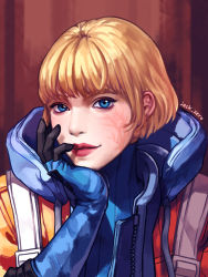 Rule 34 | 1girl, apex legends, artist name, blue bodysuit, blue eyes, blue gloves, blush, bodysuit, eyebrows hidden by hair, facial scar, gloves, hair behind ear, hand on own face, highres, hood, hooded jacket, jacket, jeck zero, looking at viewer, md5 mismatch, orange jacket, ribbed bodysuit, scar, scar on cheek, scar on face, short hair, solo, upper body, wattson (apex legends)