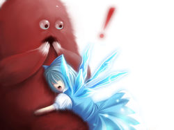 Rule 34 | !, 1girl, blue hair, cirno, crystal, closed eyes, female focus, hand to own mouth, hirake! ponkikki, hug, ice, ice wings, monster, mukku, open mouth, puffy short sleeves, puffy sleeves, short hair, short sleeves, sumito, surprised, touhou, upper body, white background, wide sleeves, wings