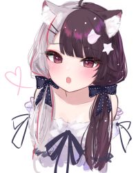 Rule 34 | 1girl, :o, ahoge, animal ear fluff, animal ears, bare shoulders, black bow, black hair, black ribbon, blush, bow, brown eyes, cat ears, cat hair ornament, collarbone, cropped torso, fang, grey hair, hair bow, hair ornament, hair over shoulder, hairclip, heart, kei-chan (ultimatekeichan), kemonomimi mode, long hair, looking at viewer, multicolored hair, nijisanji, off-shoulder shirt, off shoulder, open mouth, red hair, ribbon, shirt, simple background, solo, split-color hair, star (symbol), star hair ornament, streaked hair, twintails, two-tone hair, upper body, virtual youtuber, white background, white shirt, yorumi rena