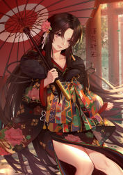 Rule 34 | 1girl, absurdres, bare legs, black kimono, bow, breasts, brown hair, cleavage, collarbone, commentary request, day, eyes visible through hair, feet out of frame, flower, fur, hair flower, hair ornament, hair ribbon, head tilt, highres, holding, holding umbrella, japanese clothes, kimono, knees together feet apart, koi han, large bow, lips, long hair, long sleeves, looking at viewer, medium breasts, multicolored bow, obi, oil-paper umbrella, original, outdoors, parted bangs, parted lips, pink flower, red eyes, ribbon, sash, sitting, smile, solo, sunlight, torii, translation request, umbrella, very long hair, white ribbon, wide sleeves