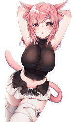 Rule 34 | animal ears, armpits, arms up, belt, blush, breasts, cat ears, cat tail, cleavage, double bun, final fantasy, final fantasy xiv, hair bun, highres, hime gyo, large breasts, microskirt, midriff, miqo&#039;te, pink hair, pleated skirt, red eyes, skirt, solo, tail, thighhighs, warrior of light (ff14)