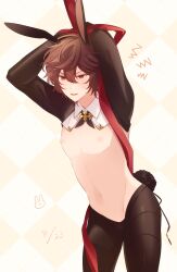 Rule 34 | 1boy, ahoge, animal ears, arms behind head, blush, bound, brown hair, commentary request, cowboy shot, dated, detached collar, doodle inset, embarrassed, granblue fantasy, groin, hair between eyes, highres, long sleeves, male focus, male playboy bunny, meme attire, messy hair, nipples, pectorals, plaid, plaid background, rabbit ears, rabbit tail, red eyes, red ribbon, restrained, reverse bunnysuit, reverse outfit, ribbon, ribbon bondage, sandalphon (granblue fantasy), solo focus, sweatdrop, tail, yellow background, yori (y rsy)