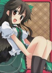 Rule 34 | 1girl, :d, black hair, bow, fujy, hair bow, happy, long hair, lowres, open mouth, plaid, plaid background, red eyes, reiuji utsuho, skirt, smile, solo, touhou, wings