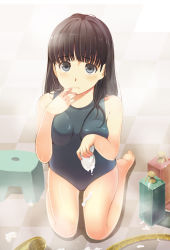 Rule 34 | 1girl, amagami, ayatsuji tsukasa, bare shoulders, barefoot, black eyes, black hair, black one-piece swimsuit, blunt bangs, breasts, breasts squeezed together, checkered floor, embarrassed, floor, frown, hand to own mouth, hose, kneeling, kon (keisukesanta), long hair, one-piece swimsuit, santa (sunflower), school swimsuit, shampoo, shirt, small breasts, soap, solo, stool, swimsuit, taut clothes, taut shirt
