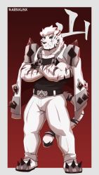 Rule 34 | 1boy, animal ears, arkkus, arknights, bara, belt, black tank top, bulge, chain, chain necklace, crossed arms, full body, furry, furry male, highres, jacket, jacket on shoulders, jewelry, male focus, mountain (arknights), muscular, muscular male, necklace, pants, pectorals, scar, scar across eye, scar on face, short hair, solo, standing, tank top, thick thighs, thighs, tiger boy, tiger ears, tiger stripes, white fur, white pants