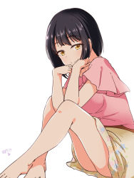 Rule 34 | 1girl, arms between legs, artist name, bare legs, black hair, blush, breasts, casual, closed mouth, crossed ankles, floral print, hand on own chin, hand on own face, head rest, idolmaster, idolmaster cinderella girls, knees up, legs, looking at viewer, medium breasts, pink shirt, shirt, short hair, sidelocks, simple background, sitting, skirt, smile, smirk, smug, solo, susutaketakumi, takafuji kako, white background, wide sleeves, yellow eyes, yellow skirt
