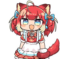 Rule 34 | 1girl, :3, akami karubi, animal ears, animal hands, apron, blonde hair, blue eyes, blush stickers, cat ears, cat tail, collar, fangs, frilled apron, frills, gloves, indie virtual youtuber, kanikama, maid apron, multicolored eyes, multicolored hair, open mouth, paw gloves, red hair, smile, solo, streaked hair, tail, twintails, two-tone hair, virtual youtuber, yellow eyes