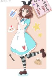Rule 34 | 1girl, absurdres, apron, artist name, black ribbon, blush, brown eyes, brown footwear, brown hair, cake, cake slice, closed mouth, coffee, collared dress, cup, dress, food, fork, green dress, green ribbon, hair ribbon, hands up, hibike! euphonium, highres, holding, holding sign, leg up, loafers, looking at viewer, maid, neck ribbon, oumae kumiko, pantyhose, plate, ribbon, shoes, short hair, short sleeves, sign, smile, solo, standing, star (symbol), striped clothes, striped pantyhose, white apron, white gorilla (okamoto)