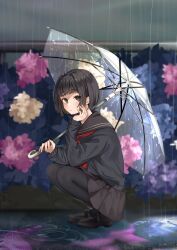 Rule 34 | 1girl, absurdres, amemori sayo, black eyes, black hair, black pantyhose, black serafuku, blue flower, brown skirt, bush, closed mouth, commentary request, day, flower, from side, full body, hair bobbles, hair ornament, hand up, highres, holding, holding umbrella, hydrangea, loafers, long sleeves, looking at viewer, looking to the side, neckerchief, nijisanji, no 1pafu, one side up, outdoors, over shoulder, overcast, pantyhose, pink flower, puddle, purple flower, rain, raised eyebrows, red neckerchief, ripples, school uniform, serafuku, shoes, short hair, skirt, sky, solo, squatting, transparent, transparent umbrella, umbrella, virtual youtuber, yellow flower