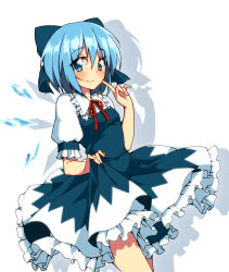 Rule 34 | 1girl, bad id, bad pixiv id, blue dress, blue eyes, blue hair, bow, cirno, clothes lift, dress, dress lift, hair bow, ice, ice wings, looking at viewer, matching hair/eyes, oniku (shimofuri-ke), petticoat, puffy sleeves, short sleeves, simple background, smile, solo, touhou, white background, wings