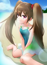 Rule 34 | 1boy, androgynous, artist request, bare legs, bare shoulders, barefoot, beach, brown hair, green one-piece swimsuit, lips, long hair, long twintails, looking at viewer, one-piece swimsuit, pink eyes, sitting, skirt, smile, solo, swimsuit, taimanin (series), taimanin asagi, taimanin rpgx, trap, twintails, uehara shikanosuke, very long hair, water