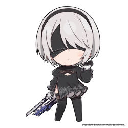 Rule 34 | 1girl, 2b (nier:automata), black blindfold, black dress, black gloves, black hairband, black thighhighs, blindfold, breasts, chibi, cleavage, cleavage cutout, closed mouth, clothing cutout, commentary, covered eyes, dress, english commentary, full body, gloves, goddess of victory: nikke, gun, hairband, highres, holding, holding gun, holding weapon, juliet sleeves, light frown, long sleeves, mole, mole under mouth, nier:automata, nier (series), official art, puffy sleeves, small breasts, solo, standing, thighhighs, thighs, totatokeke, weapon