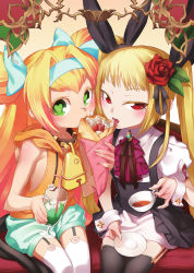 Rule 34 | 2girls, absurdres, armpits, bare shoulders, bell, black legwear, blazblue, blonde hair, bow, collar, crepe, cup, drink, flower, food, garter straps, green eyes, hair bow, hair flower, hair ornament, highres, multiple girls, neck bell, non-web source, official art, platinum the trinity, rachel alucard, red bow, red eyes, symbol-shaped pupils, tea, teacup, thighhighs, twintails, white legwear, wrist cuffs