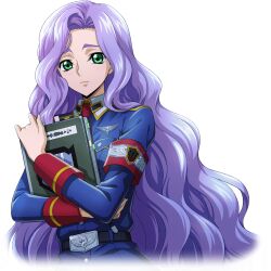 Rule 34 | 1girl, anna clement, armband, artist request, belt, belt buckle, blue dress, book, bookmark, breast pocket, buckle, buttons, closed mouth, code geass, code geass: lost stories, collared dress, cropped torso, crossed arms, dress, female focus, forehead, game cg, green eyes, hair intakes, hand up, holding, holding book, hugging object, long hair, long sleeves, looking at viewer, military uniform, necktie, non-web source, official art, pocket, purple hair, red necktie, sidelocks, simple background, solo, standing, transparent background, uniform, upper body, very long hair