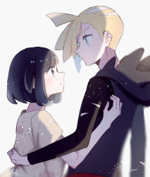 Rule 34 | 1boy, 1girl, ahoge, black hair, black hoodie, blonde hair, blurry, blush, closed mouth, commentary request, creatures (company), ear piercing, expressionless, floral print, game freak, gladion (pokemon), green eyes, highres, hood, hood down, hoodie, nintendo, parted lips, piercing, pokemon, pokemon sm, selene (pokemon), shirt, short hair, short sleeves, signature, tere asahi, torn clothes, white background, yellow shirt