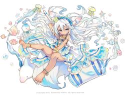 Rule 34 | 1girl, animal ear fluff, animal ears, anklet, armlet, bisclavret, blush, copyright notice, fish, grey eyes, hammer, holding, holding hammer, jellyfish, jewelry, kai-ri-sei million arthur, long hair, million arthur (series), octopus, official art, simple background, smile, solo, somjeu, starfish, swimsuit, tail, white background, white hair, wolf ears, wolf girl, wolf tail