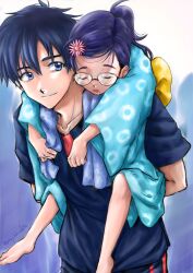 Rule 34 | 1boy, 1girl, ajiro shinpei, arms behind back, barefoot, black hair, black shirt, blue eyes, carrying, child, drooling, father and daughter, flower, glasses, hair flower, hair ornament, highres, japanese clothes, kimono, long sleeves, piggyback, shijuuichi, shirt, summertime render, twitter username, wide sleeves