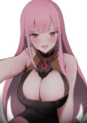 Rule 34 | 1girl, absurdres, argule0901, bare shoulders, black collar, black dress, blush, breasts, cleavage, collar, covered erect nipples, dress, highres, hololive, hololive english, large breasts, long hair, looking at viewer, mori calliope, open mouth, outstretched arm, pink eyes, pink hair, simple background, sitting, sleeveless, sleeveless dress, solo, straight hair, sweat, virtual youtuber, white background
