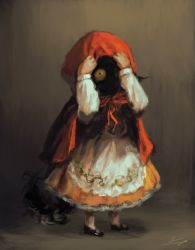 Rule 34 | 1other, apron, black footwear, brown background, cape, character request, floral print, frilled skirt, frills, full body, highres, hood, hood up, hooded cape, koto inari, long sleeves, looking at viewer, neck ribbon, print apron, red cape, red ribbon, red skirt, ribbon, shirt, signature, simple background, skirt, standing, white apron, white shirt