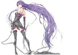 Rule 34 | 1girl, absurdly long hair, bare shoulders, boots, chain, collar, contrapposto, fate/stay night, fate (series), full body, high heel boots, high heels, highres, kizuki aruchu, long hair, looking back, mask, medusa (fate), medusa (rider) (fate), nameless dagger (fate), purple hair, solo, spikes, square pupils, standing, thigh boots, thighhighs, very long hair, weapon, yellow eyes, zettai ryouiki