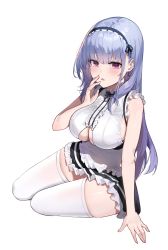 Rule 34 | 1girl, absurdres, azur lane, breasts, dido (azur lane), hairband, headband, highres, lace-trimmed hairband, lace trim, large breasts, looking at viewer, maanu, maid, open mouth, purple eyes, simple background, sitting, sleeveless, thighhighs, white background, white thighhighs