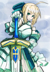 Rule 34 | 00s, 1girl, ahoge, armor, armored dress, artoria pendragon (fate), bad id, bad pixiv id, blonde hair, capcom, dress, fate/stay night, fate/unlimited codes, fate (series), green eyes, ribbon, saber (fate), saber lily, samaru, solo, sword, weapon