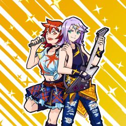 Rule 34 | 2girls, alternate costume, aqua eyes, artist request, belt, choker, croix meridies, denim, fingerless gloves, gloves, guitar, hair ornament, hairclip, highres, instrument, jeans, little witch academia, microphone, midriff, multiple girls, navel, open mouth, pants, purple hair, red eyes, red hair, ripped jeans, shiny chariot, short hair, skirt, smile, tank top, torn clothes