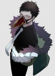 Rule 34 | 1boy, absurdres, black pants, boku no hero academia, brown hair, chacoma, collared shirt, feather-trimmed jacket, feathers, gloves, green jacket, hand up, highres, jacket, male focus, mask, mouth mask, necktie, overhaul (boku no hero academia), pants, plague doctor mask, purple feathers, shirt, short hair, solo, very short hair, white gloves, white necktie, yellow eyes