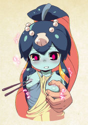 Rule 34 | 1girl, ^^^, apron, apron aside, arms behind back, black eyes, blue skin, blunt bangs, blush, breasts, chopsticks, colored sclera, colored skin, disembodied hand, fish girl, grabbing, grabbing another&#039;s breast, hair ornament, minette (skullgirls), monster girl, nipple stimulation, nipple tweak, nipples, nose blush, om (nk2007), pink eyes, red pupils, scales, shell, skullgirls, small breasts, solo focus, sweatdrop, trembling, waitress, yellow sclera